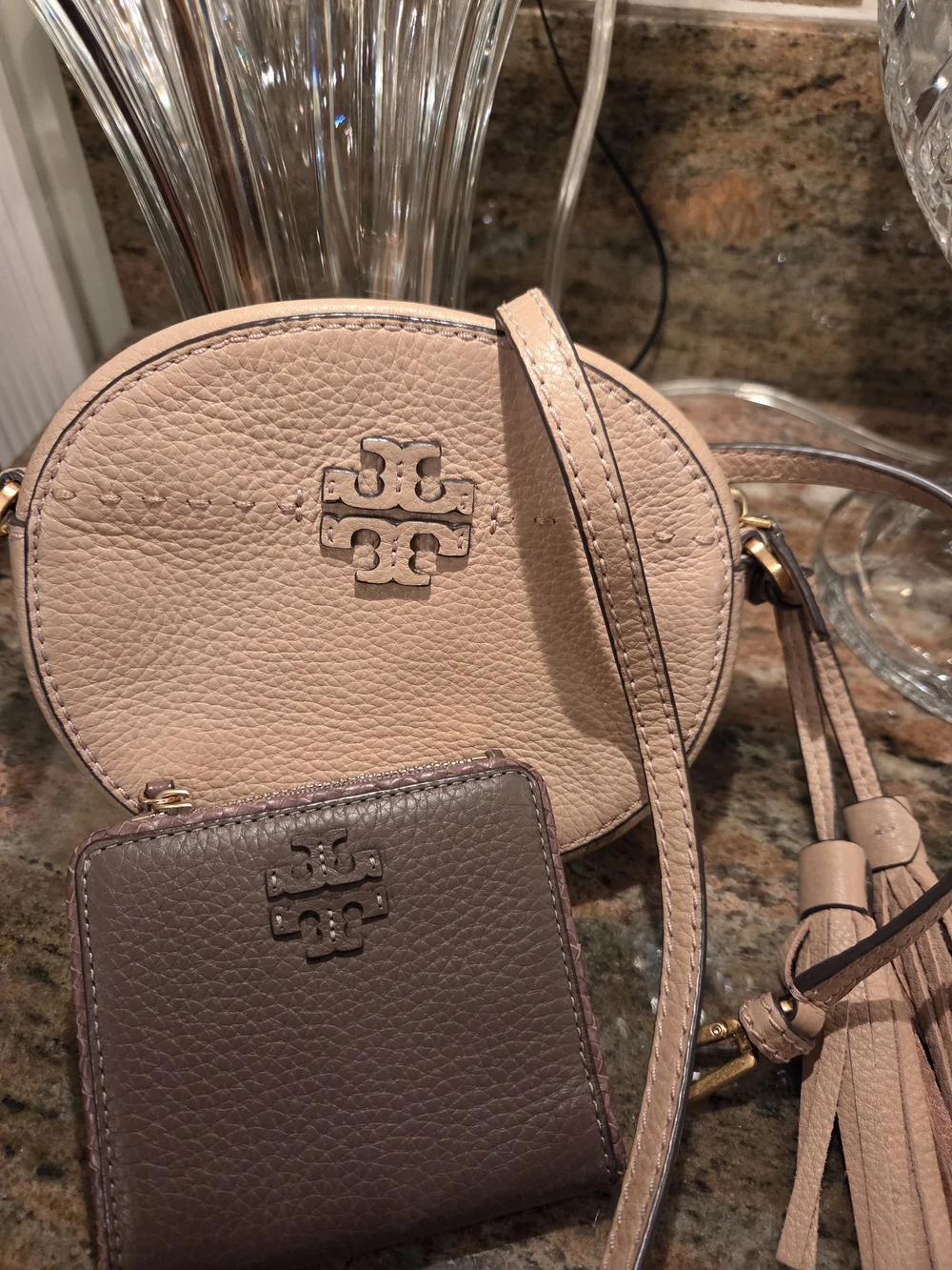 Tory Burch Tan Leather Mini Crossbody Bag with Tassel And Brown Wallett - Picture 1 of 10